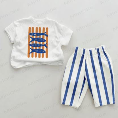 Baby Fish Blue Vertical Striped 2-piece Set - White&Blue - 2-3T - image 1