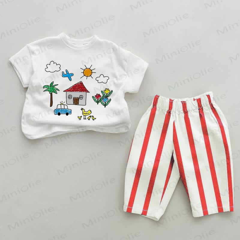 Baby Hand-drawn Painting Red Vertical Striped 2-piece Set - White&Red - 2-3T - image 1