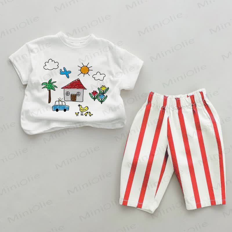 Baby Hand-drawn Painting Red Vertical Striped 2-piece Set - White&Red - 2-3T - image 1