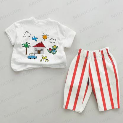 Baby Hand-drawn Painting Red Vertical Striped 2-piece Set - White&Red - 2-3T - image 1