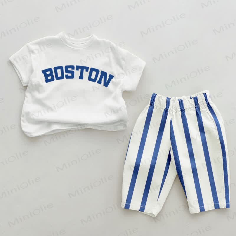 BOSTON Baby Blue Vertical Striped 2-piece Set - White&Blue - 2-3T - image 1