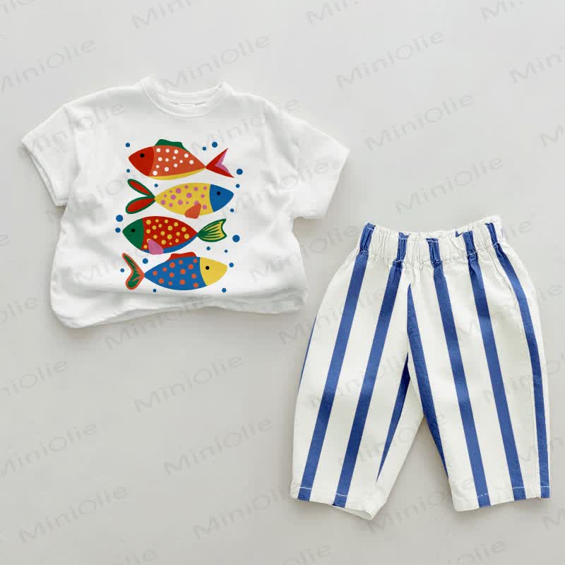 Baby Colorful Fish Blue Vertical Striped 2-piece Set - White&Blue - 2-3T - image 1