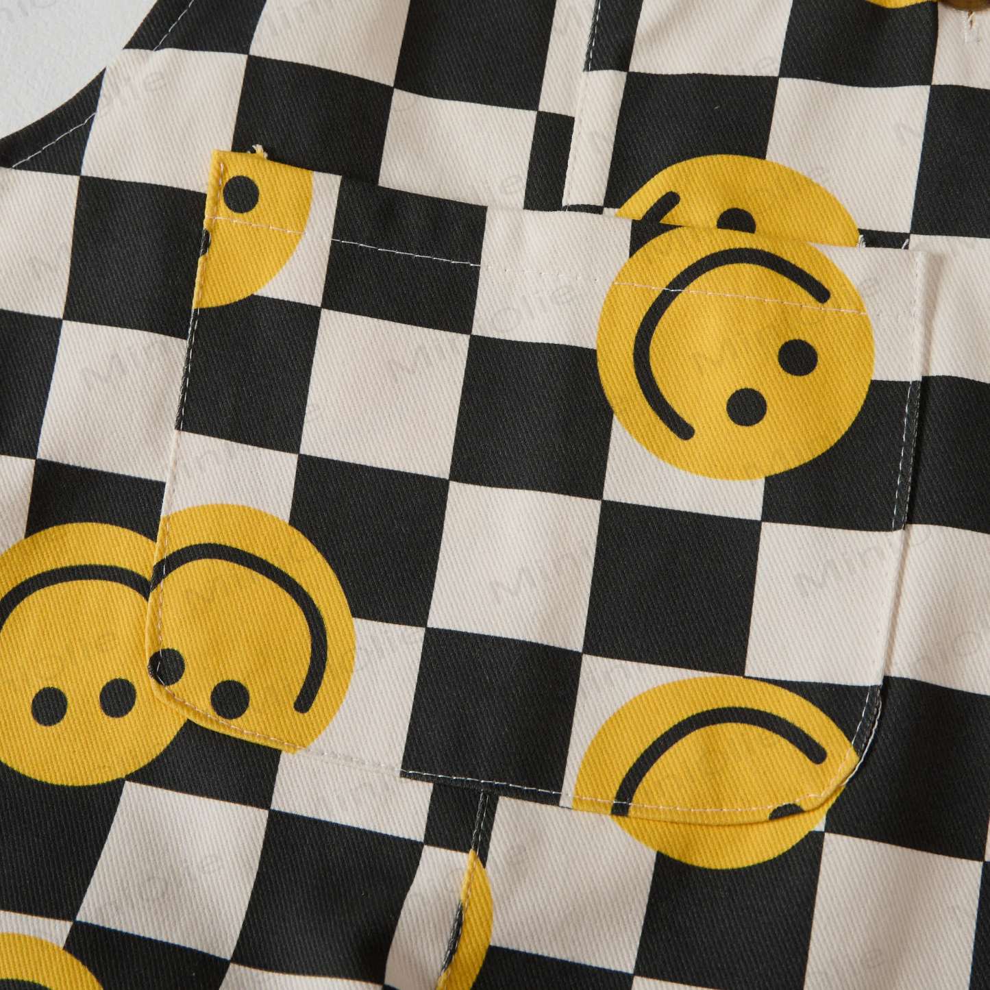 Baby Toddler Checkerboard Smiling Face White Overalls - image 3