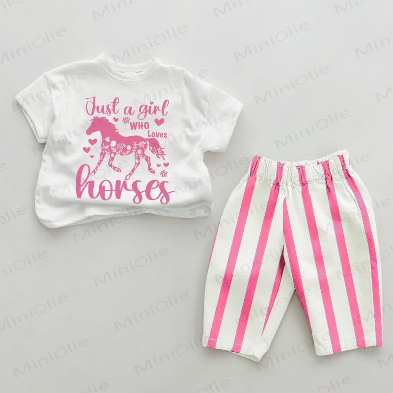 JUST A GIRL WHO LOVES HORSES Baby Pink Vertical Striped 2-piece Set - White&Pink - 2-3T - image 1