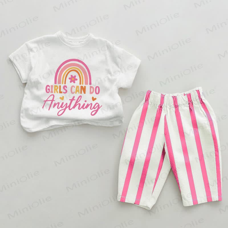 GIRLS CAN DO ANYTHING Baby Pink Vertical Striped 2-piece Set - White&Pink - 2-3T - image 1