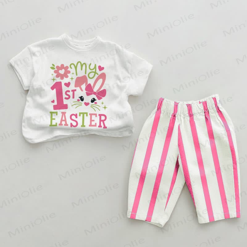 MY 1ST EASTER Baby Pink Vertical Striped 2-piece Set - White&Pink - 2-3T - image 1