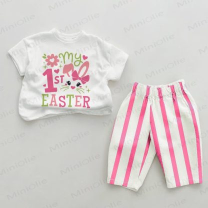 MY 1ST EASTER Baby Pink Vertical Striped 2-piece Set - White&Pink - 2-3T - image 1