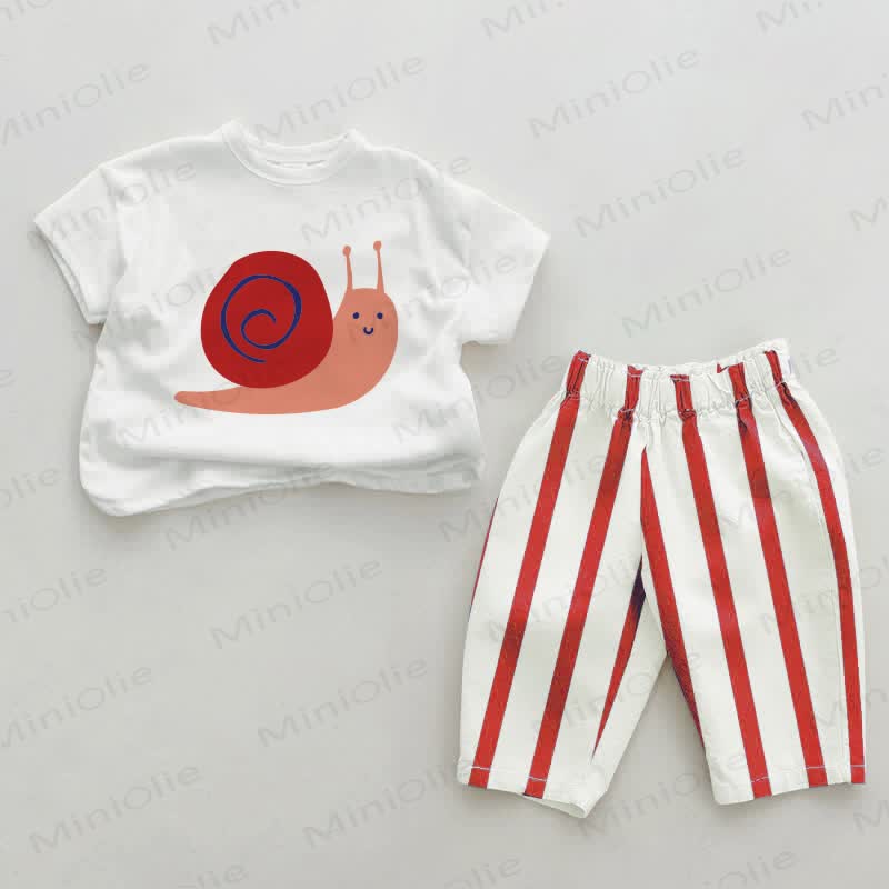 Baby Snail Red Vertical Striped 2-piece Set - White&Red - 2-3T - image 1