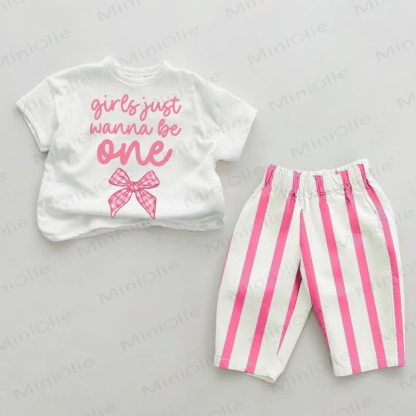 GIRLS JUST WANNA THE ONE Baby Striped 2-piece Set - White&Pink - 2-3T - image 1