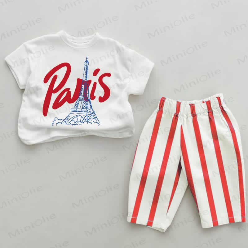 PARIS Baby Eiffel Tower Red Vertical Striped 2-piece Set - White&Red - 2-3T - image 1