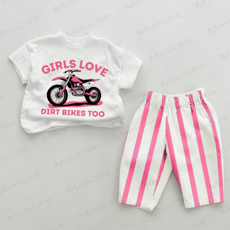 GIRLS LOVE DIRT BIKES TOO Baby Pink Sardines Vertical Striped 2-piece Set - White&Pink - 2-3T - image 1