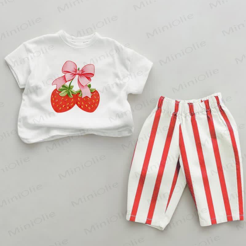 Baby Strawberry Bownot Red Vertical Striped 2-piece Set - White&Red - 2-3T - image 1