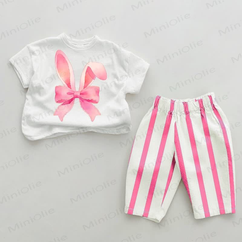 Baby Bow Rabbit Ears Striped 2-piece Set - White&Pink - 2-3T - image 1