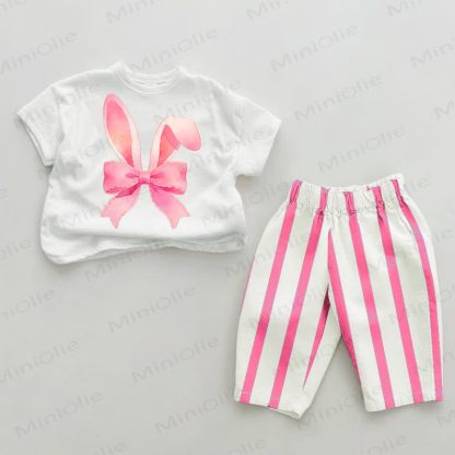 Baby Bow Rabbit Ears Striped 2-piece Set - White&Pink - 2-3T - image 1