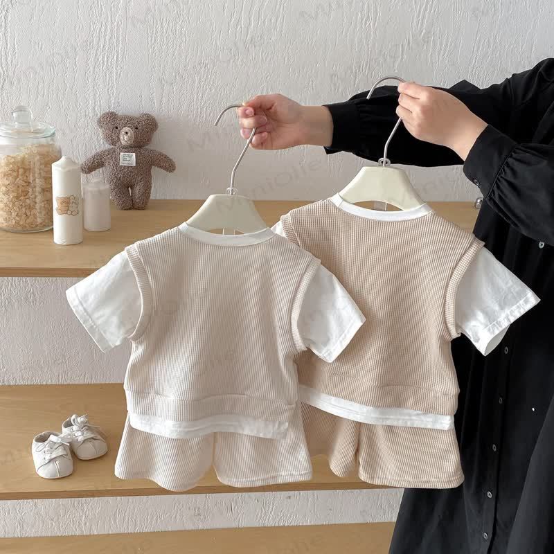 Baby Toddler Fake 2pcs Tee and Shorts Waffle Set - image 2