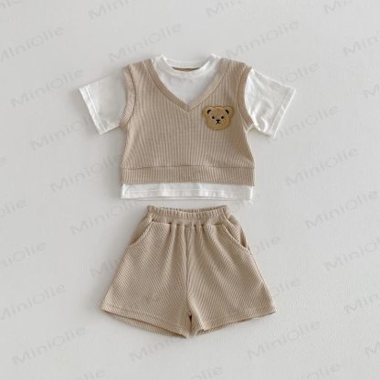 Baby Toddler Fake 2pcs Tee and Shorts Waffle Set - Khaki - 3-4T - image 11