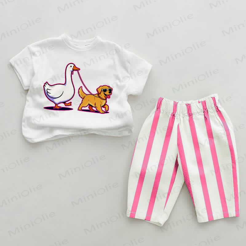 Baby Funny Goose Leading Dog Pink Vertical Striped 2-piece Set - White&Pink - 2-3T - image 1