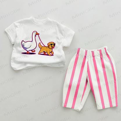 Baby Funny Goose Leading Dog Pink Vertical Striped 2-piece Set - White&Pink - 2-3T - image 1
