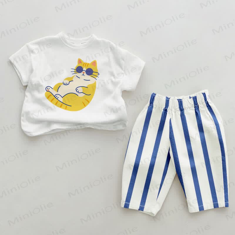 Baby Lazy Cat Blue Vertical Striped 2-piece Set - White&Blue - 2-3T - image 1