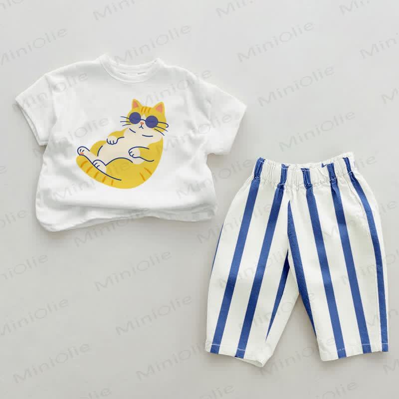 Baby Lazy Cat Blue Vertical Striped 2-piece Set - White&Blue - 2-3T - image 1