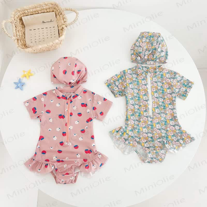 Toddler Girl Strawberry/Floral Zip Swimsuit with Hat - image 1