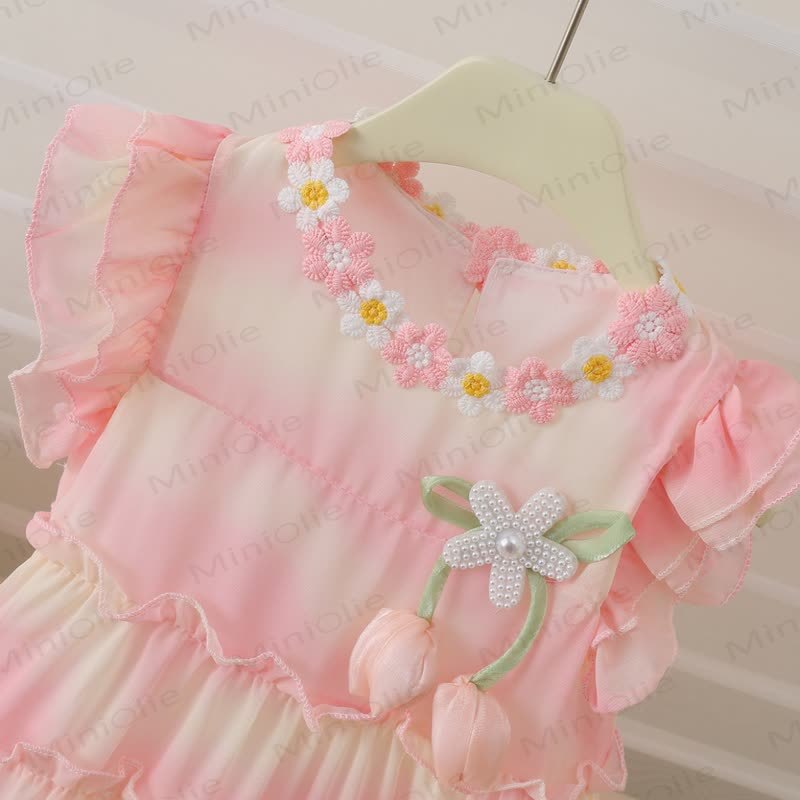 Toddler Flower Lace Collar Pink Dress with Hat - image 5