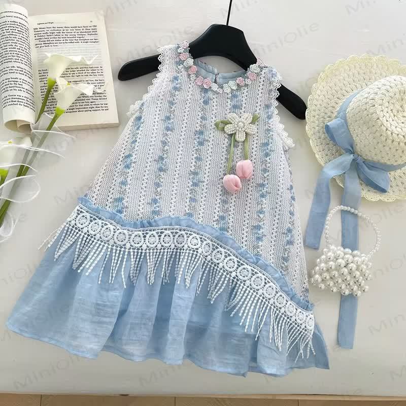 Toddler Flower Lace Blue Dress with Hat - Blue - 8-9T - image 1