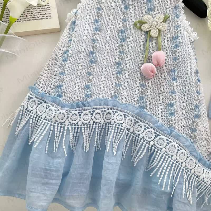 Toddler Flower Lace Blue Dress with Hat - image 3