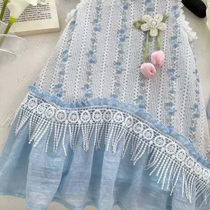 Toddler Flower Lace Blue Dress with Hat - image 3