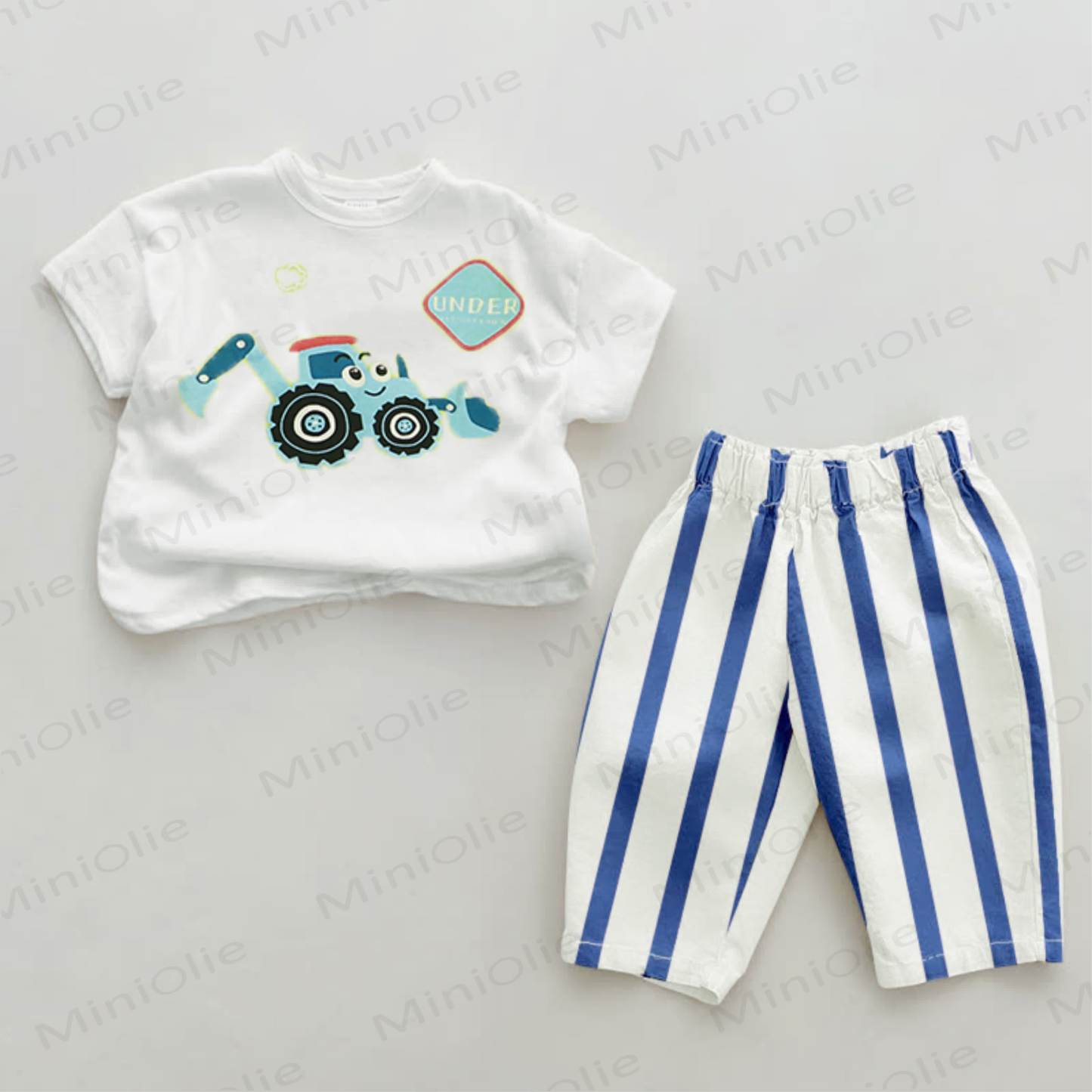 Baby Blue Bulldozer Excavator Striped Pants 2-piece Set - White&Blue - 2-3T - image 1