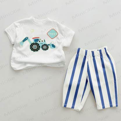 Baby Blue Bulldozer Excavator Striped Pants 2-piece Set - White&Blue - 2-3T - image 1