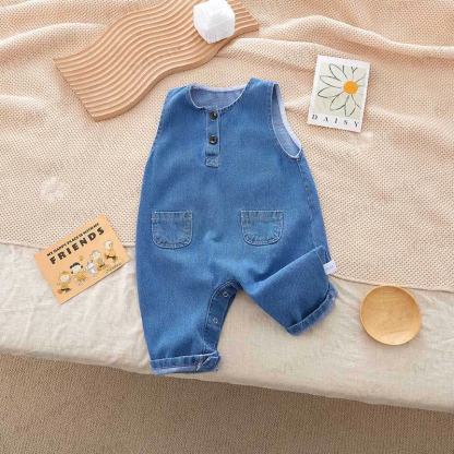 Baby Sleeveless Pocket Denim Romper - Blue - 2-3T - image 1