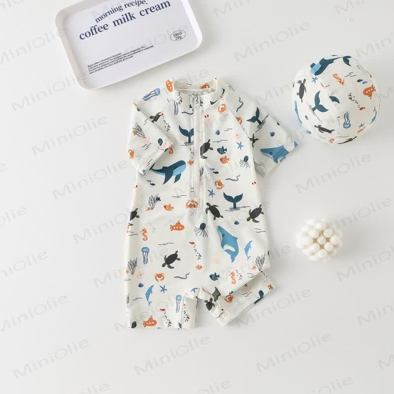Toddler Boy Whale Turtle Swimsuit with Hat - image 3