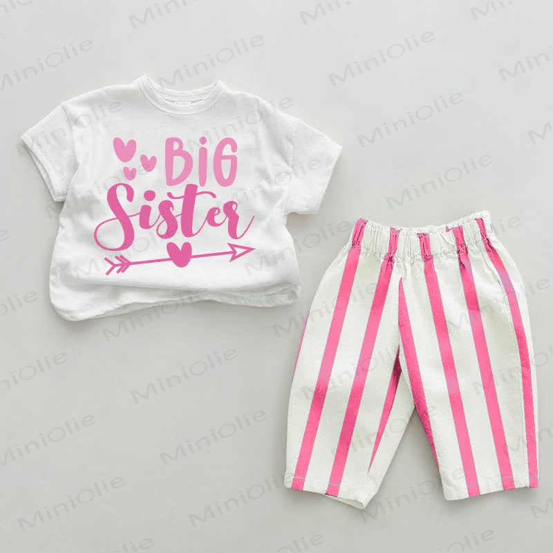 BIG SISTER Baby Heart Arrow PinkStriped 2-piece Set - White&Pink - 2-3T - image 1