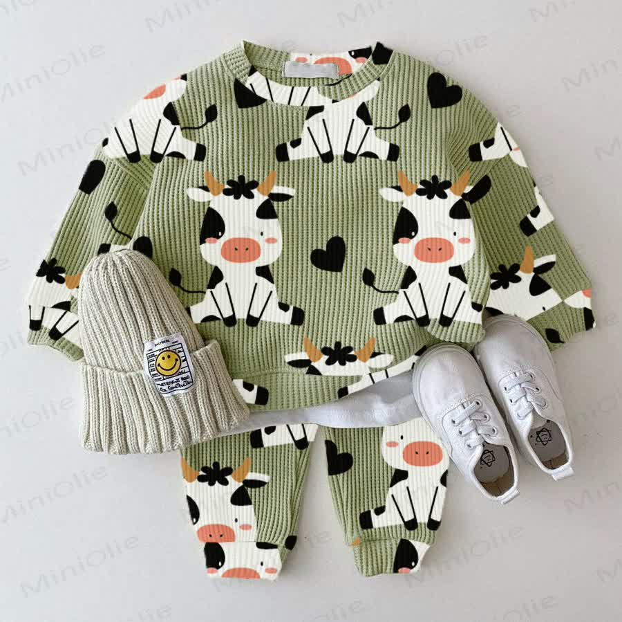 Baby Waffle Cute Dairy Cow Sweatshirt 2-piece Set - Green - 18-24M - image 1