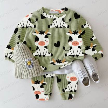 Baby Waffle Cute Dairy Cow Sweatshirt 2-piece Set - Green - 18-24M - image 1