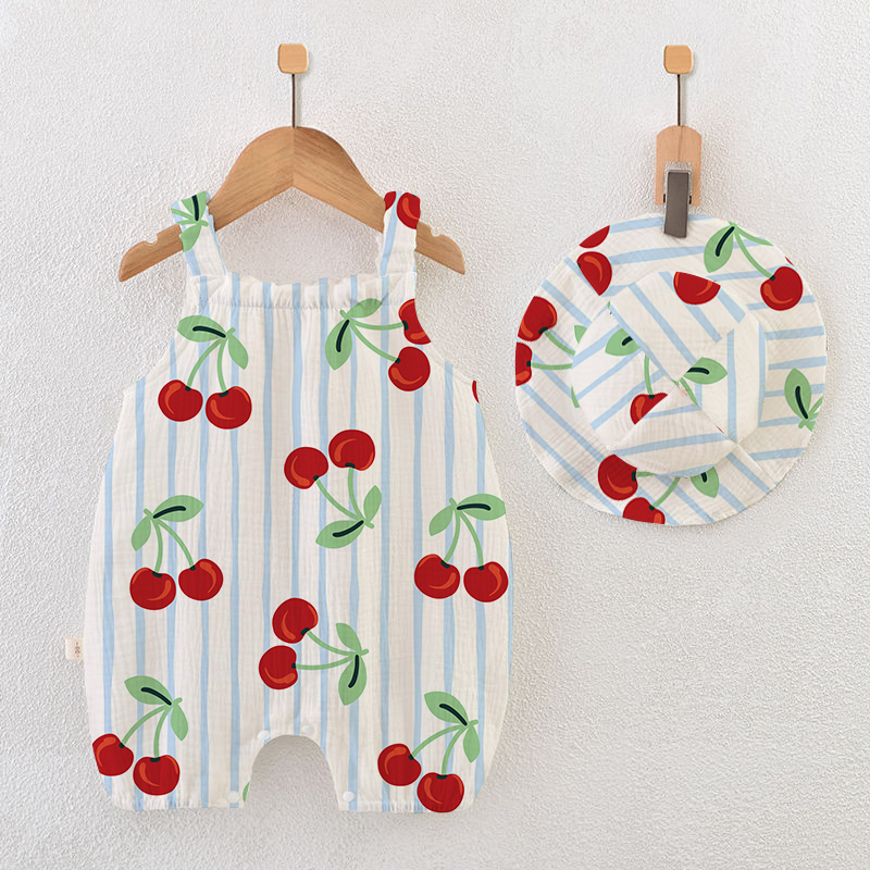 Baby Cherry Fullprint Blue Striped Romper With Hat - White - 18-24M - image 1