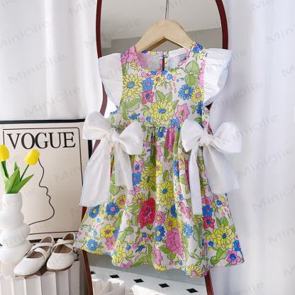 Toddler Floral Bow Ruffled Sleeves Dress - White - 6-7T - image 1