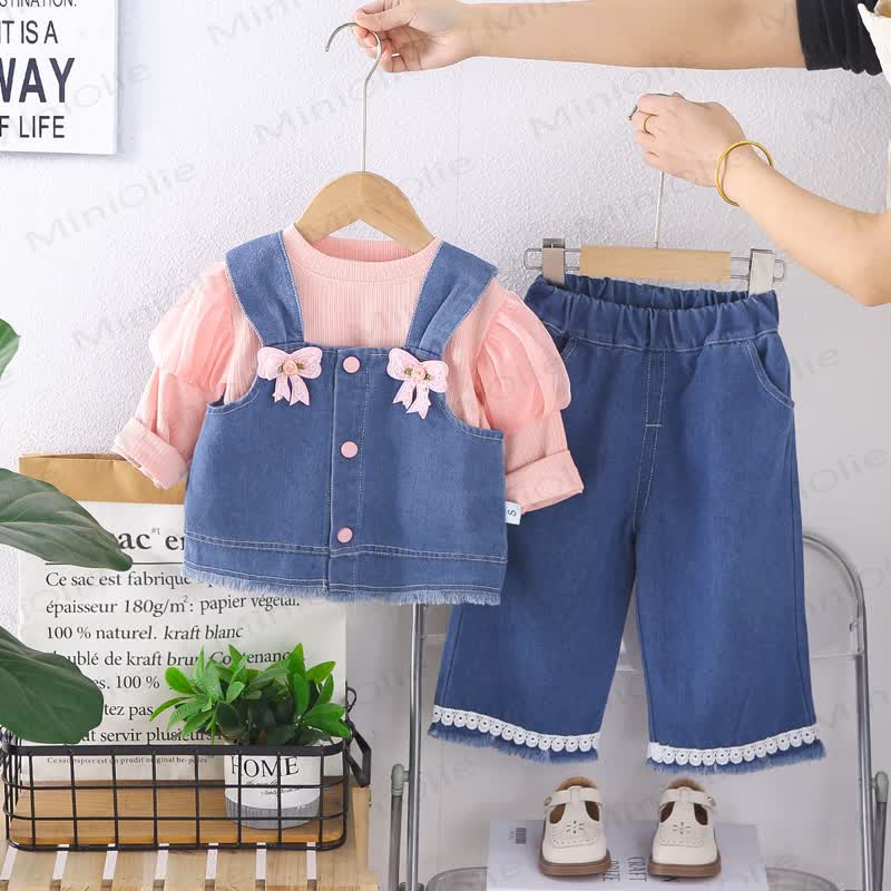 Toddler Girl Bow Denim 3-piece Set - Pink - 4-5T - image 2