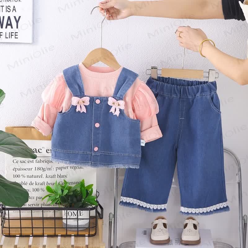 Toddler Girl Bow Denim 3-piece Set - Pink - 4-5T - image 2
