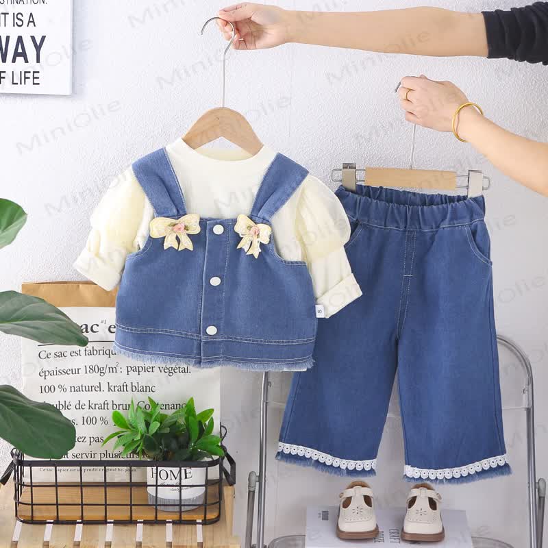 Toddler Girl Bow Denim 3-piece Set - White - 4-5T - image 17