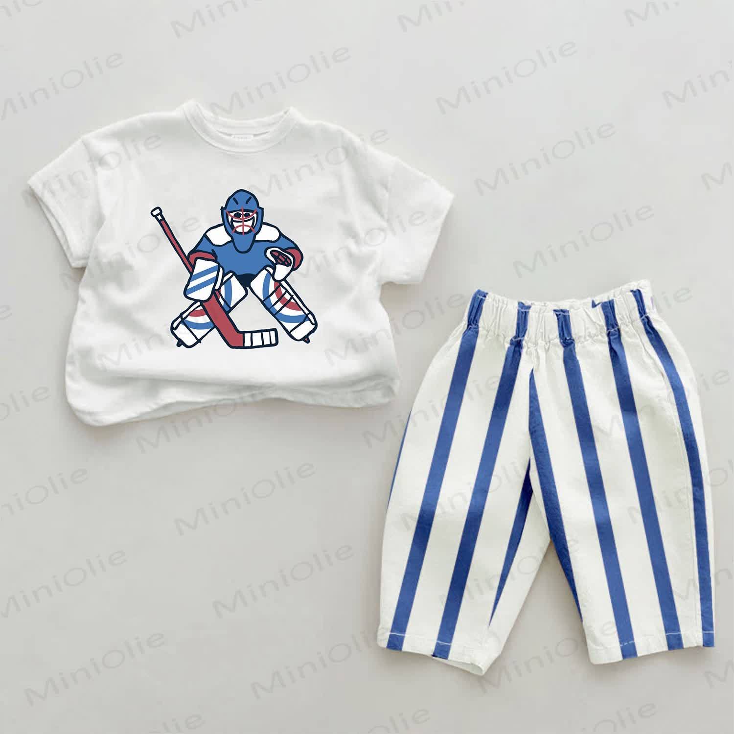 Baby Ice Hockey Player Blue Striped Pants 2-piece Set - White&Blue - 2-3T - image 1