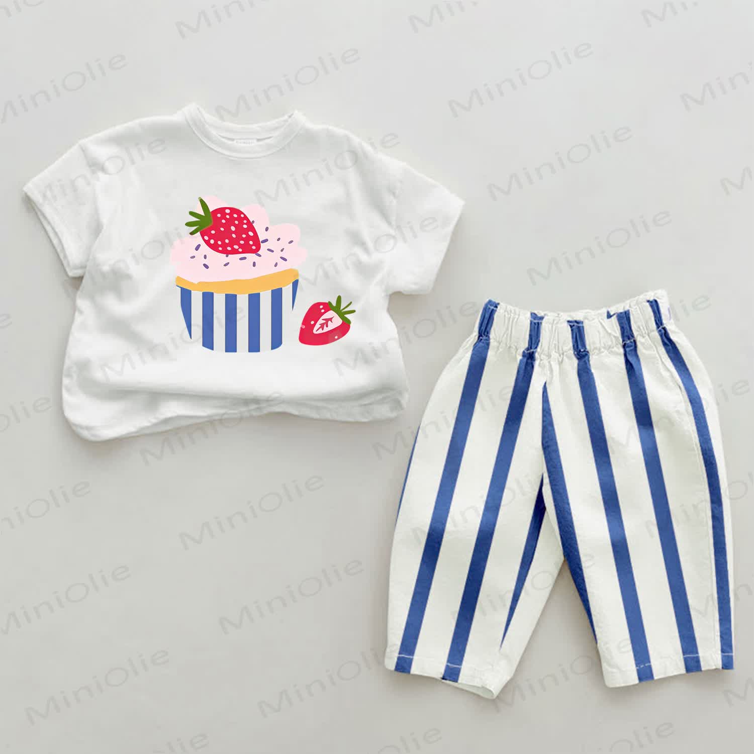 Baby Strawberry Cupcake Blue Striped Pants 2-piece Set - White&Blue - 2-3T - image 1
