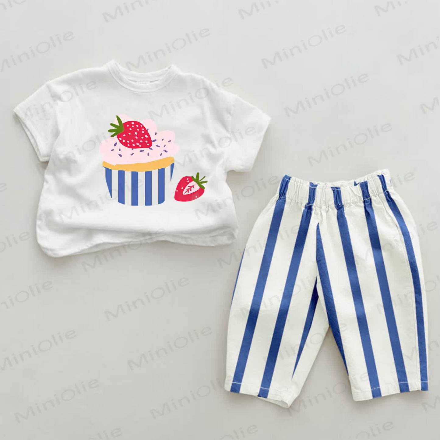 Baby Strawberry Cupcake Blue Striped Pants 2-piece Set - White&Blue - 2-3T - image 1