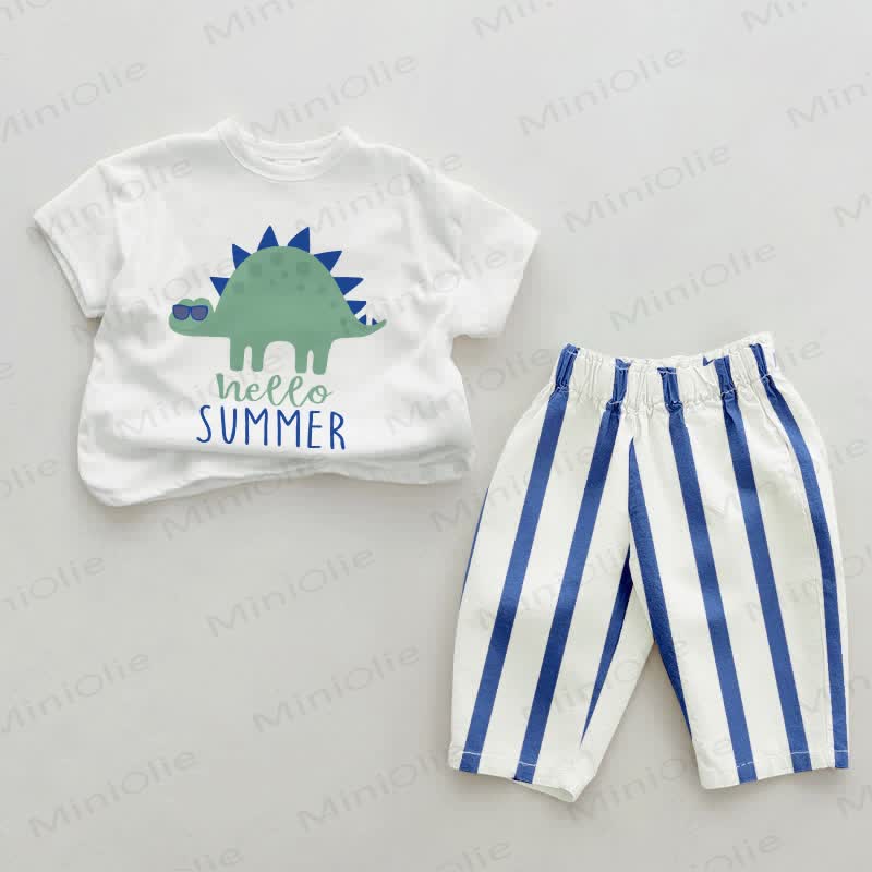 HELLO SUMMER Baby Dinosaur Blue Vertical Striped 2-piece Set - White&Blue - 2-3T - image 1