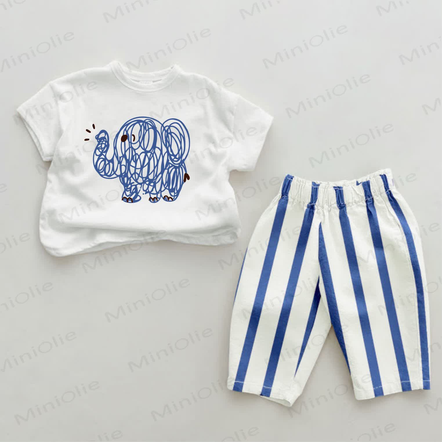 Baby Blue Doodle Elephant Striped Pants 2-piece Set - White&Blue - 2-3T - image 1