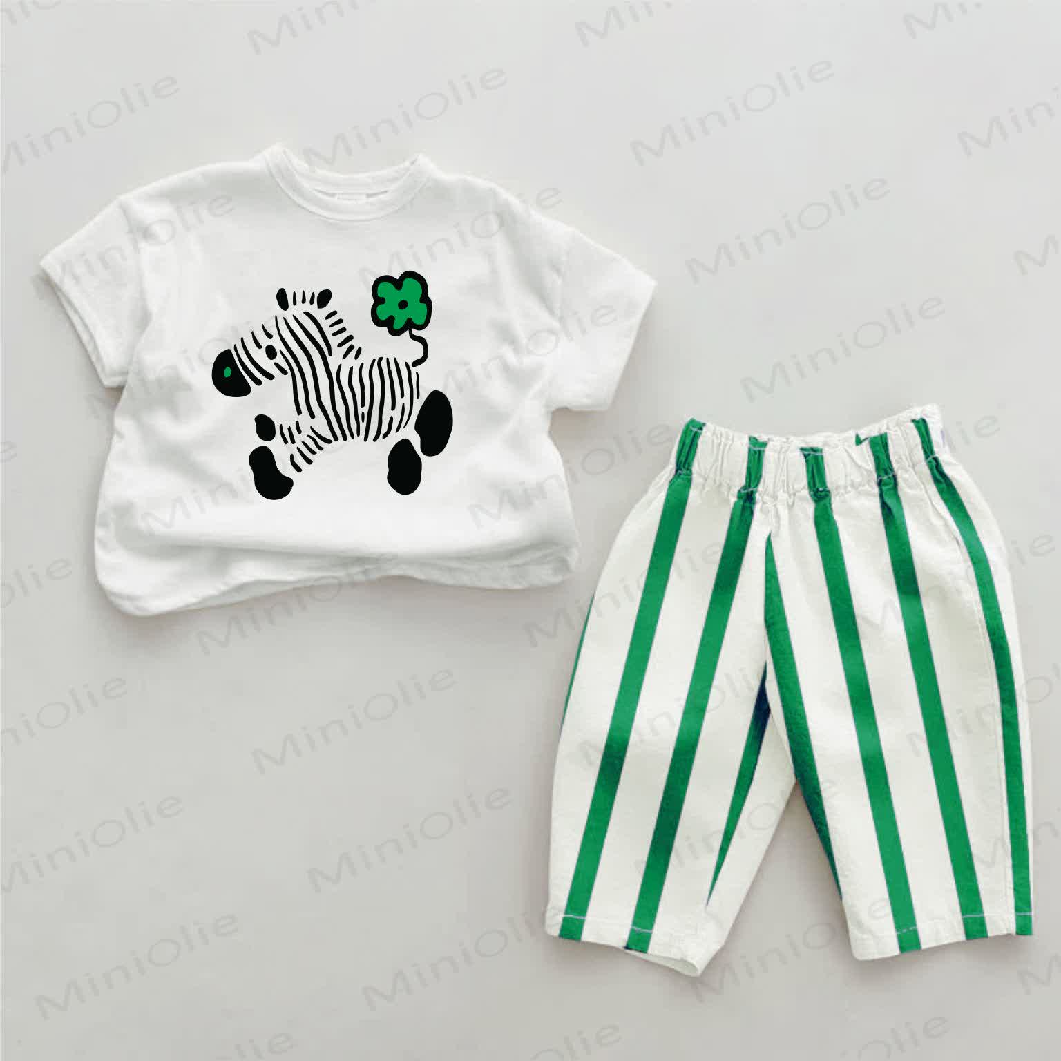 Baby Flower Tail Zebra Green Striped Pants 2-piece Set - White&Green - 2-3T - image 1