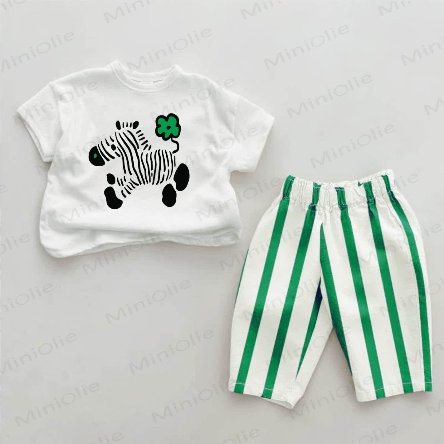 Baby Flower Tail Zebra Green Striped Pants 2-piece Set - White&Green - 2-3T - image 1