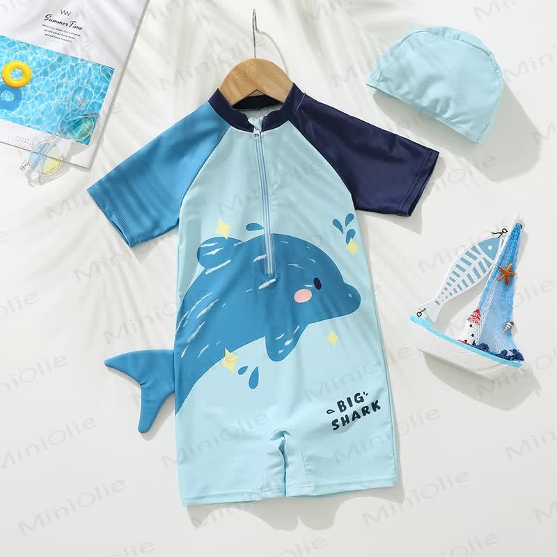 BIG SHARK Toddler Dolphin Zip Front Quick Dry Swim Dress Romper - Dolphin - 8-9T - image 1