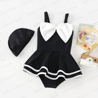 Toddler Girl Bow Swimsuit with Hat - Black - 8-9T - image 5